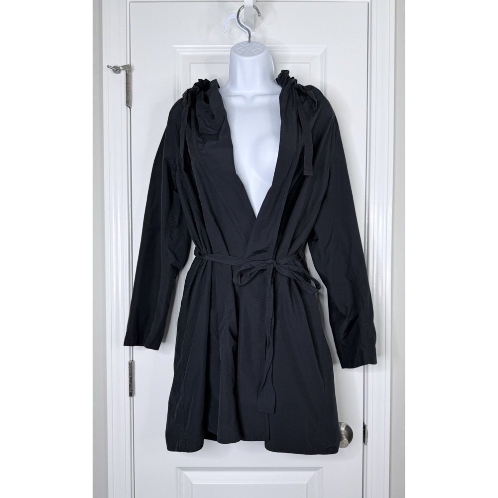 Eileen Fisher Black Wrap Jacket Size PM Hooded Raincoat Lightweight Outdoor Gorp